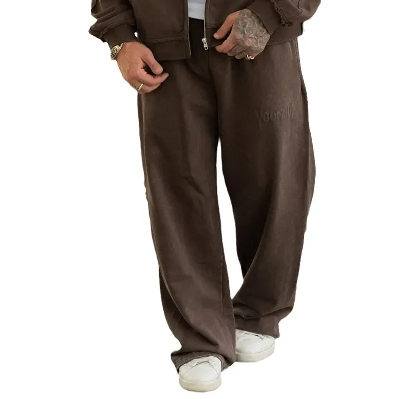 American Style Loose Straight Leg Cotton Sports Pants Men's Heavyweight Fleece Printed Casual Long Trousers Skateboarding