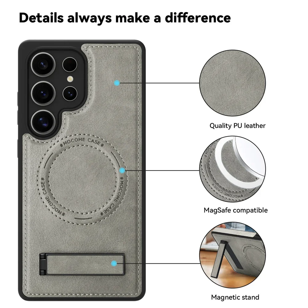 Leather Stand Case with Magnetic Wireless Charging and Fall Protection