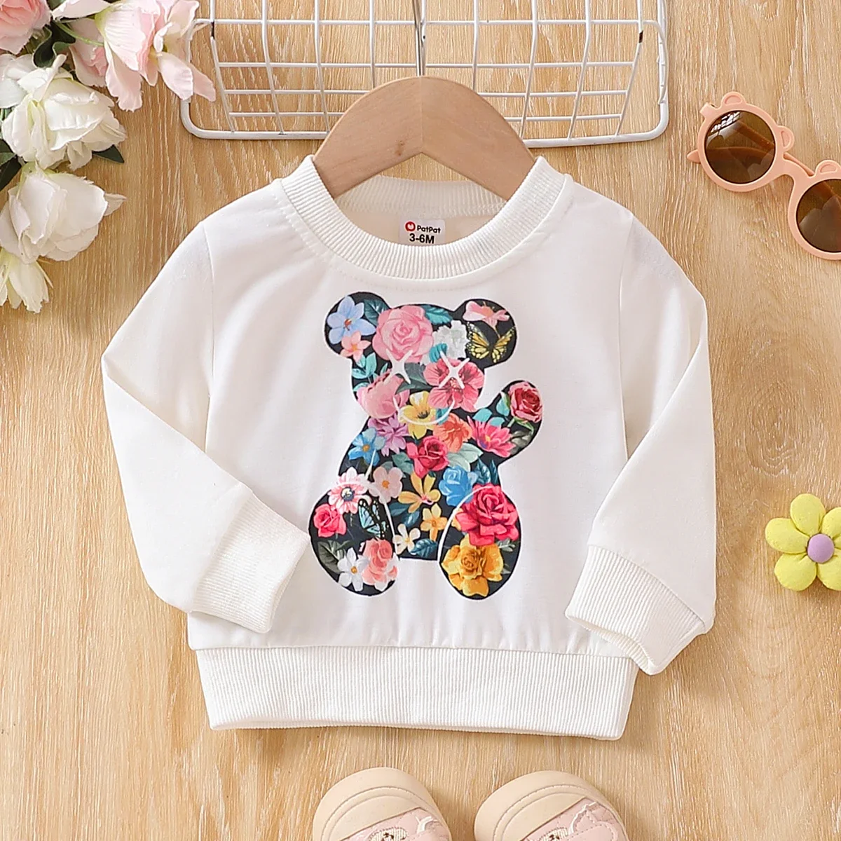PatPat baby girl's sweet bear animal floral pattern pullover suitable for summer season comfortable perfect for outings baby girl clothes