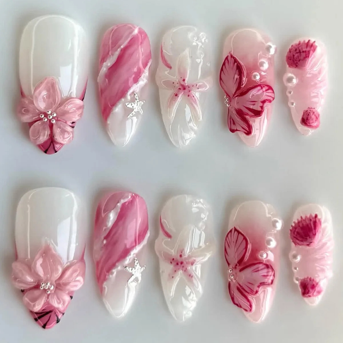 24PCS Pink Almond Press-On Nails with 3D Floral Design and Golden Pearl Accent