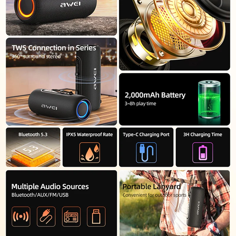Awei KA8 Bluetooth TWS Speaker Dual Speaker Stereo LED Flashing Outdoor Waterproof Speakers 2000mAh Subwoofer With.jpg
