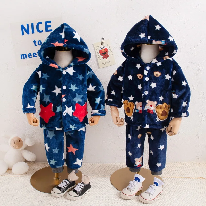 

2022 autumn winter baby girl's Boy's clothing set pajamas flannel warm sleepwear suit infant Hooded Jacket + Pants 2 Piece Set