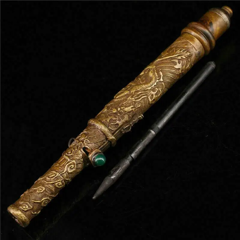 8.66" Antique Chinese purple copper inlay gem Dragon head Sleeve arrow sword 2
