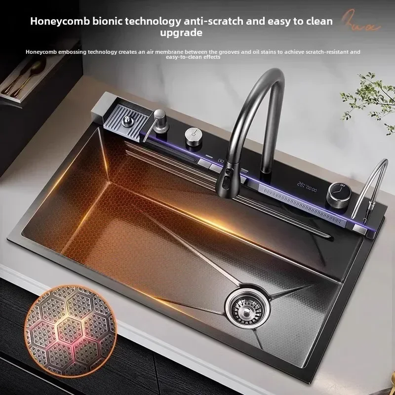 Thickened Waterfall Sink 304 Stainless Steel Handmade Large Single Sink Household Kitchen Counter Up and Down Dishwashing Basin
