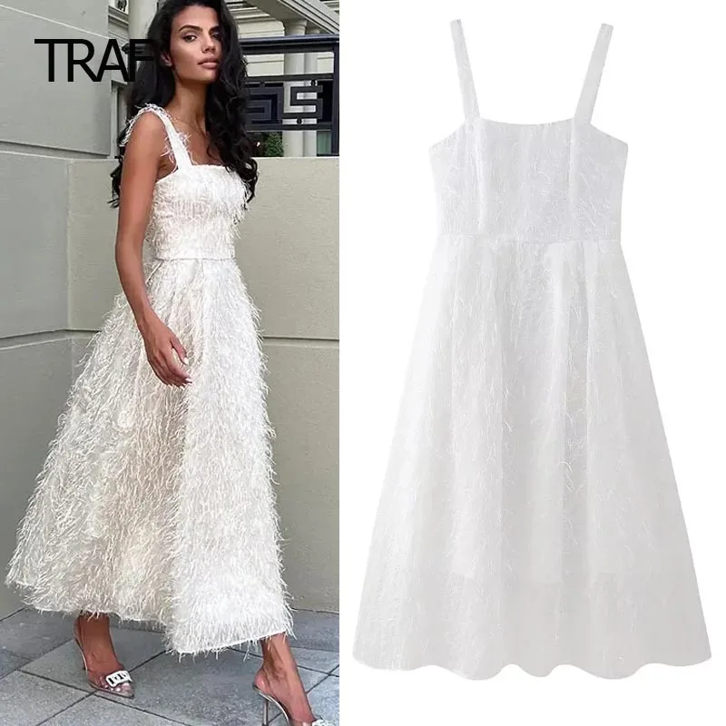 

TRAF Womens Dresses Winter Spring Fringing Slip Dress Midi White Sleeveless Backless Dress Elegant Party Dress For Women Luxury
