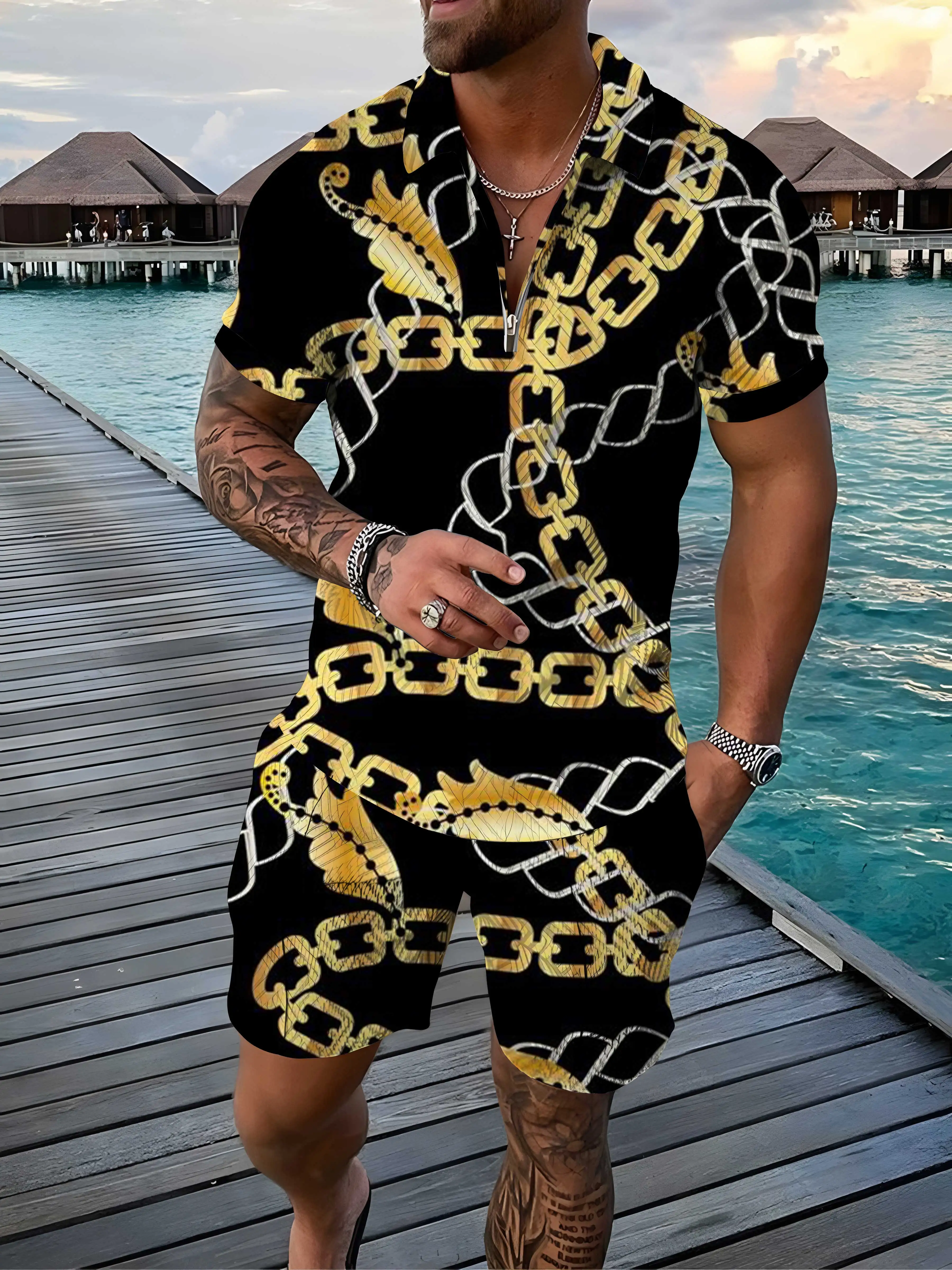 New Mens Comfortable Fashion Suit Chain 3D Digital Printing High Quality Zipper Short Sleeve Streetwear