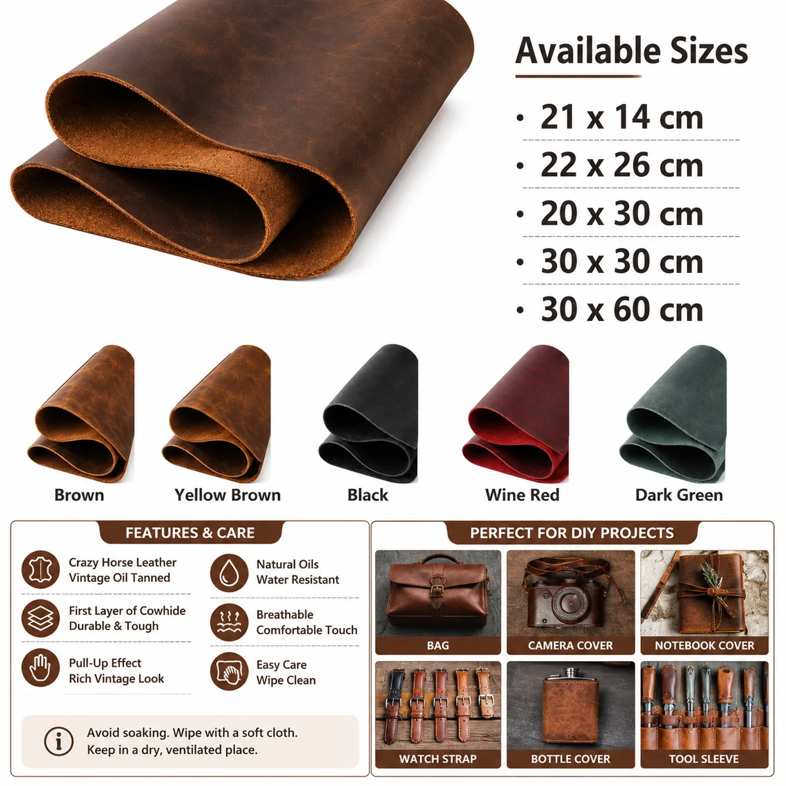 Premium Crazy Horse Leather – Black, Brown, Wine Red – Full-Grain Genuine Leather