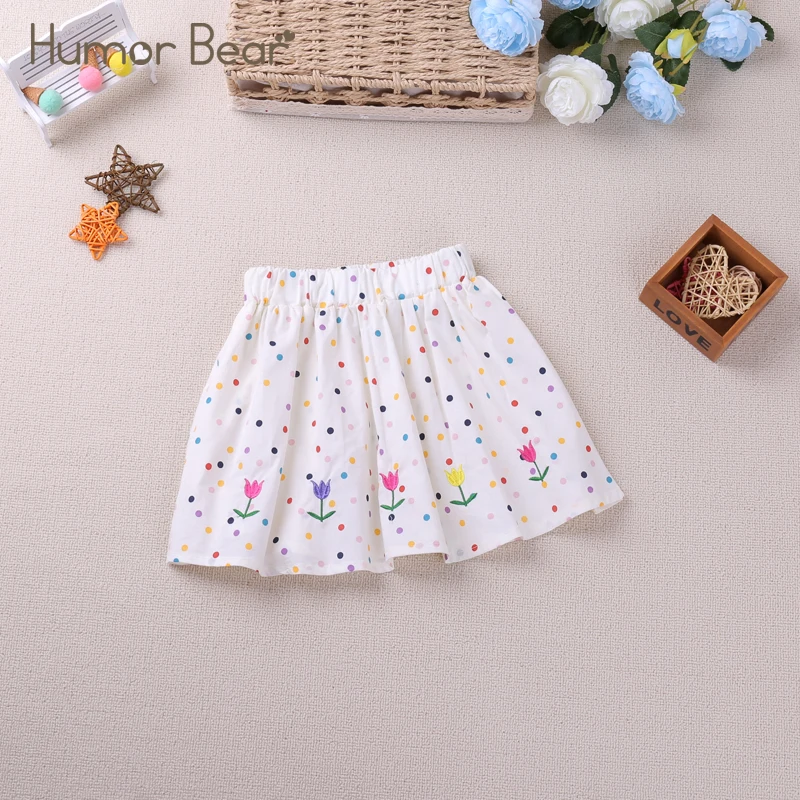 

Humor Bear Kids Clothes Elastic Waist Breathable Rainbow Polka Dots And Flowers Pleated White Skirt Children costume