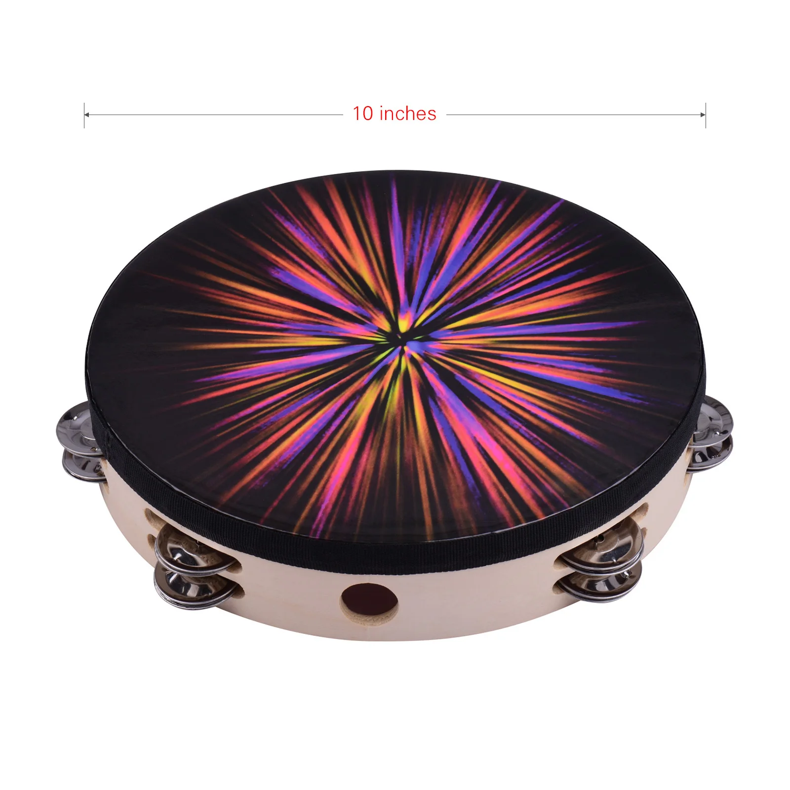 10 Inch Wooden Rdiant Tambourine Handbell Hand Drum with Double Row Jingles Reflective Drum Head Percussion Instrument Kids Toy