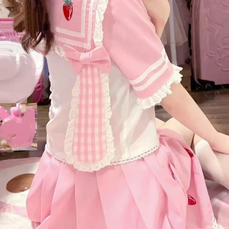 Two Piece Japanese Sweet Lolita Jk Sets Pleated Skirt Women Kawaii Y2k Cute Preppy Style Sailor Collar Top+Skirts Matching Sets 1