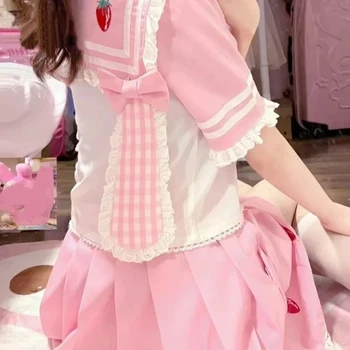 Two Piece Japanese Sweet Lolita Jk Sets Pleated Skirt Women Kawaii Y2k Cute Preppy Style Sailor Collar Top+Skirts Matching Sets 1