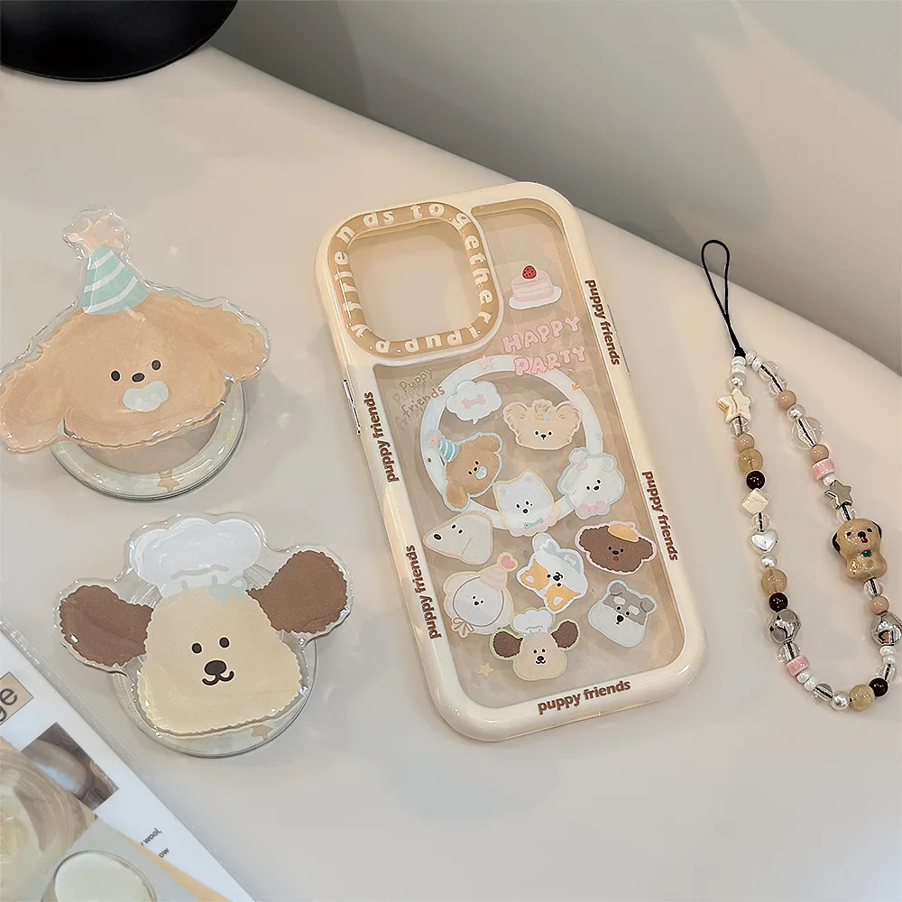 Clear Magnetic Phone Case with Cartoon Puppy Design and Chain