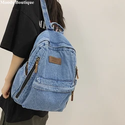 Washed Denim Fashion Backpacks For Women 2023 Latest Trend Student School Bag Multi Pockets Large Capacity Blue Rucksack Mochila