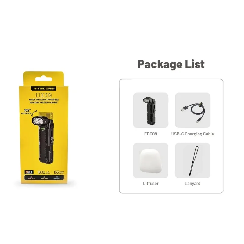 NITECORE EDC09 1600루멘 USB-C 충전식 EDC 손전등 내장 배터리 조절 가능한 각도 휴대용 작업등