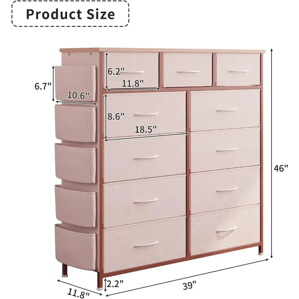 Dresser for Bedroom with 11 Drawer, Dressers & Chests of Drawers with Side Pockets, Hooks, Fabric Storage Drawer 4