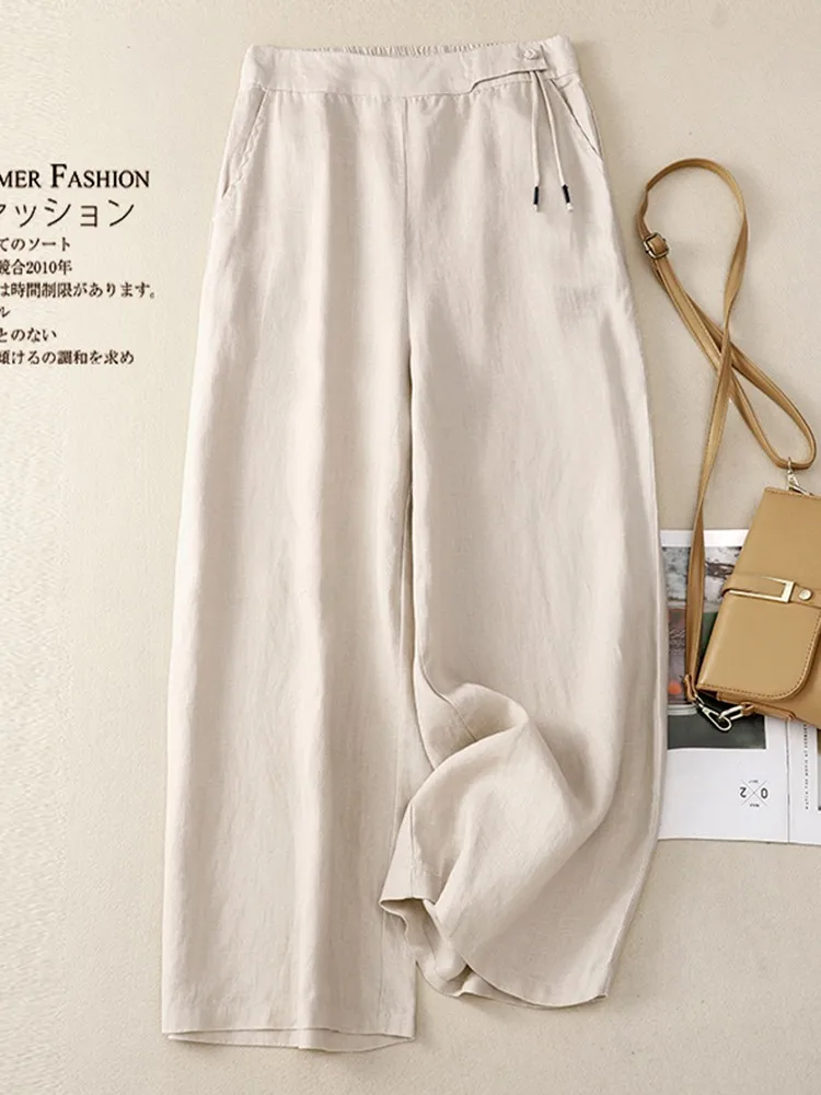 Women Casual Wide Leg Pants New Arrival 2023 Spring Vintage Style Solid Color Loose Cotton Linen Female Ankle-length Pants B2358