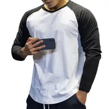 

Men Cotton Tshirt Long Sleeve Patchwork Shirt Bodybuilding Curved Hem Workout Fitness T-shirt Mens Clothing