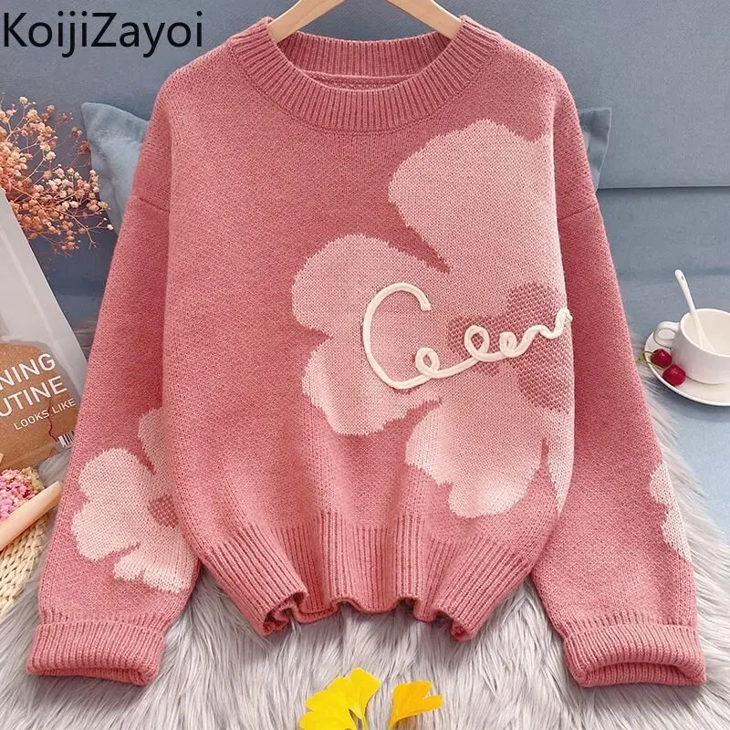 

Koijizayoi Sweet Women Sweater Casual Loose Pullover Autumn Winter O Neck Pink Jumpers Knitted 2022 Fashion Outwear Tops