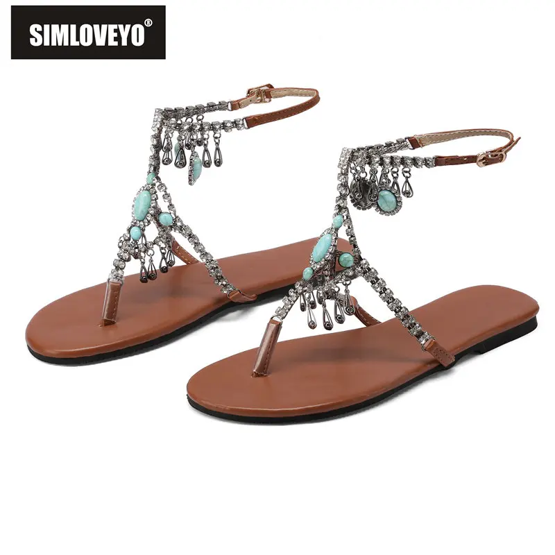 

SIMLOVEYO Design Women New Leisure Roman Retro Flip-flops Flats Sandals Daily Metal Decoration Crystal Plus Size 44 45 46 47 48