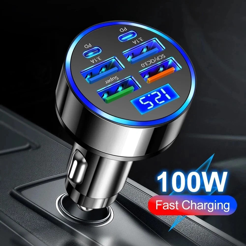 100W 6 Ports Fast Charging Car Charger PD QC3.0 USB C Car Phone Charger Type C Adapter in Car For iPhone Samsung Huawei Xiaomi 3