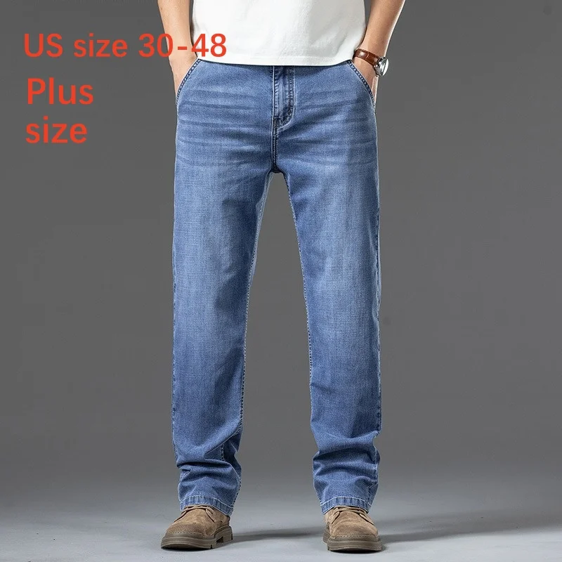 

Summer Thin Elastic Large Straight Men Jeans Plus Size 42 44 46 48 Office Loose Stretched Male Trousers Wide Lightweight Pants