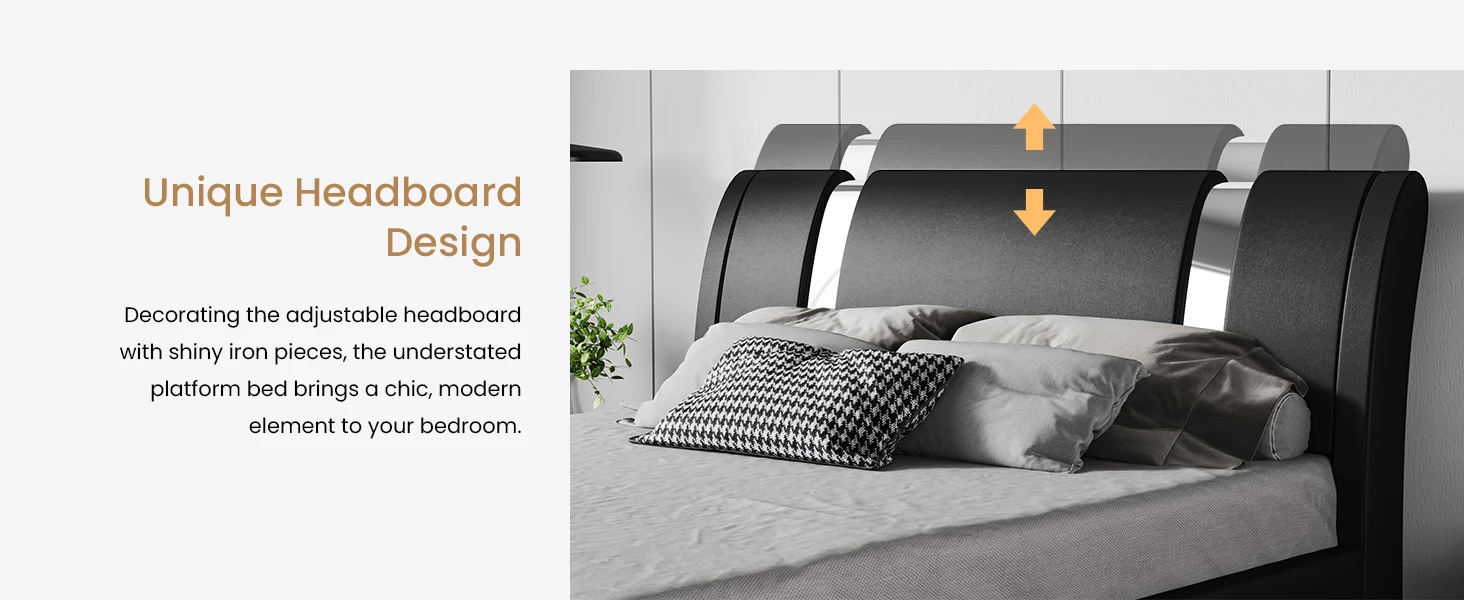 Description Picture 3 of itemKing Size Bed Frame with Iron Pieces Decor and Adjustable Headboard/Deluxe Upholstered Modern Platform Bed with Solid Wooden