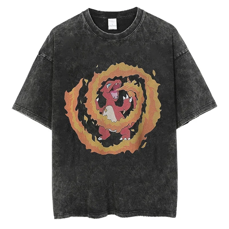 

Men Japanese Anime Pokemon Charizard Hip Hop Oversized T Shirt Retro Washed Black T Shirt Cotton Cartoon Graphic Tshirt Tops