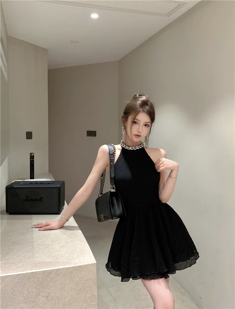 Elegant Halter Black Dresses for Women Summer New Backless Ruffles A-line Korean Birthday Party Dress Prom Short Vestidos Mujer