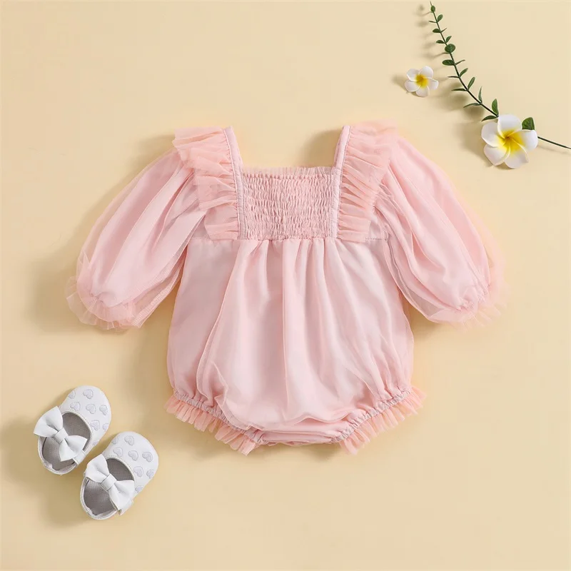 

Infant Baby Girl Fall Romper Ruffle Long Sleeve Square Neck Solid Color Mesh Bodysuit Newborn Spring Clothes