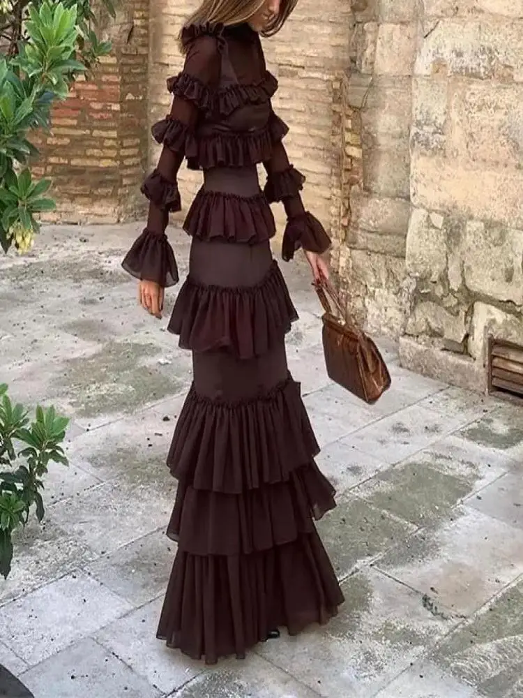 

Женское пикантное однотонное платье с оборками, модные шифоновые платья с круглым вырезом, высокой талией и длинными рукавами, шикарная Праздничная уличная одежда, платья