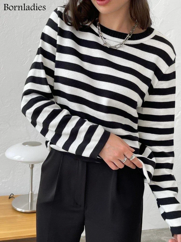 Bornladies Knitted Stripe Sweater Women 2025 Autumn Winter Loose Casual Thick Pullovers Female Warm Long-sleeved Round Neck Tops