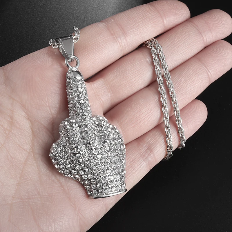 Ice Out Middle Finger Necklace for Men Fashion Hip-Hop Jewelry