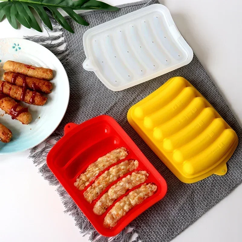 Hot Food Grade Silicone Sausage Mould 6 Cavity home Ham Hot Dog Making Tray Household Cake Baking Molds with Lid Kit Tools