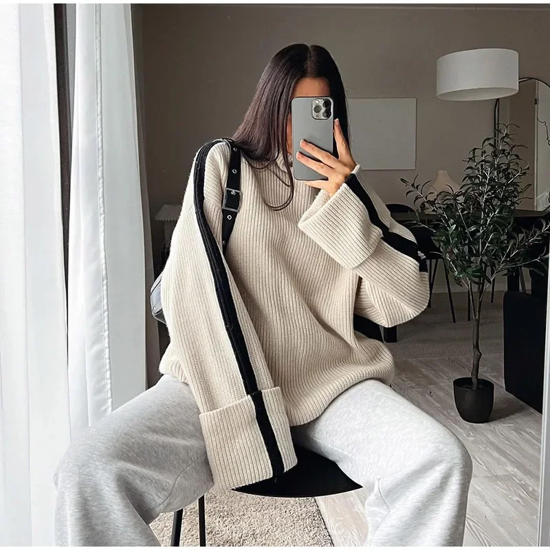 

Вязаный свитер в полоску для женщин, Свободный пуловер с длинным рукавом, водолазка, Повседневная плотная трикотажная одежда на осень и зиму