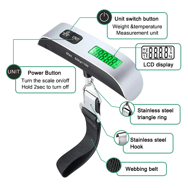 Luggage Scale Portable LCD Digital Hanging 50kg/110lb With Belt for Electronic Weight Tool
