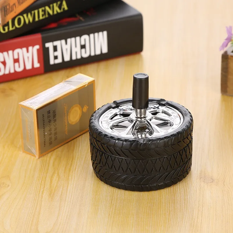 Creative Tire Ashtray Stainless Steel Push Down Spinning Ashtray Self-Cleaning for Smoking Office Home Decoration