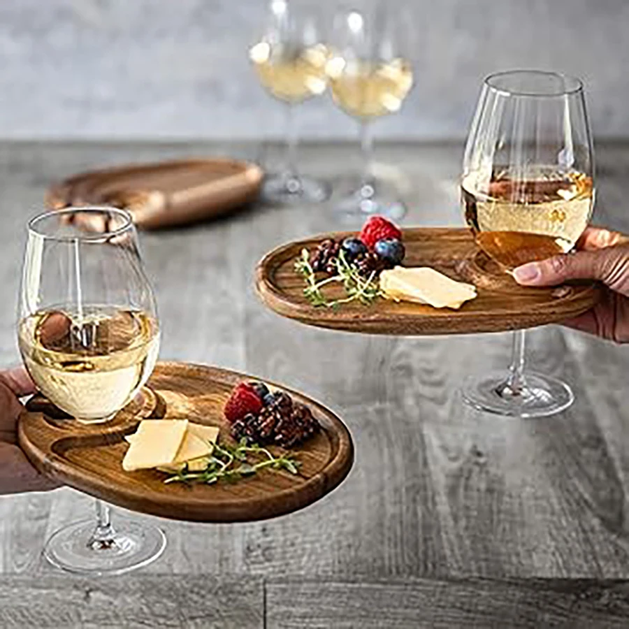 Wood Appetizer Plates Set of 4 Acacia Wood Appetizer Plates Wooden Cocktail Appetizer Plates with Wine Glass Holder Cheese Board 6