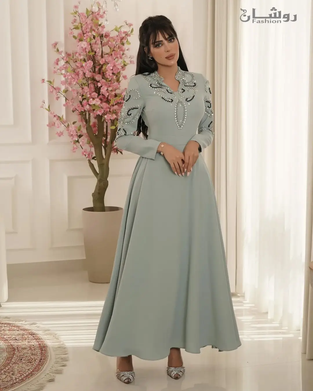 VD Custom Made Beaded Evening Dresses for Saudi Arabia Women Long Sleeves Vestidos De Noche Ankle Length Satin Bride Wear Prom