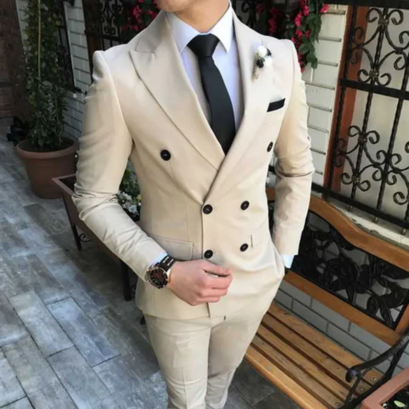 Slim Fit Double Breasted Suits for Men 2 Piece Light Blue Wedding Tuxedo for Groom with Peaked Lapel Custom Man Fashion Costume