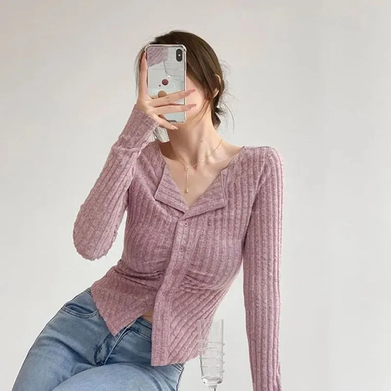 

Sexy Slim V-Neck Sweater for Women Korean Long Sleeve Single-Breasted Cropped Knitwear Elegant Ribbed Knitted Cardigan