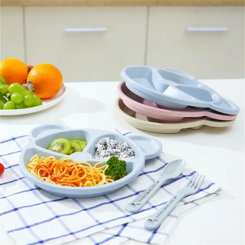 Baby bowl+spoon+fork Feeding Food Tableware Cartoon Bear Kids Dishes Eating Dinnerware Anti-hot Training Dinner Plate 3Pcs/Set baby tableware set