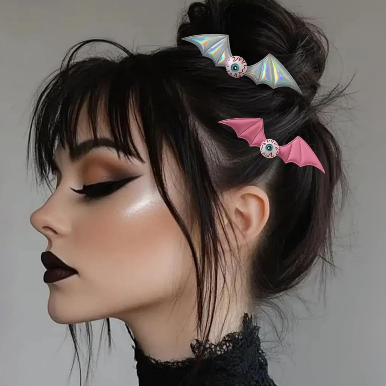 2PCS Halloween Bat Hair Clips: Spooky Eyeball Design, Black & Red Styles, Fun Hair Accessories For Party, Cosplay, Festive Looks