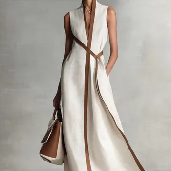 Contrast Color Sleeveless Dress Lace Up 2026 Simple Loose Fashionable Women's Stand Collar Cotton Linen Solid Color Long Dress 1