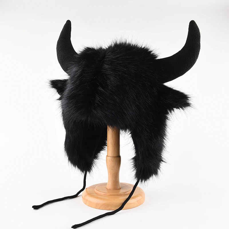 Fashion Big Black Horn Maomao Lei Feng Hat for Men and Women Winter Warm Ear Protection Wind and Cold Riding Bull Hat