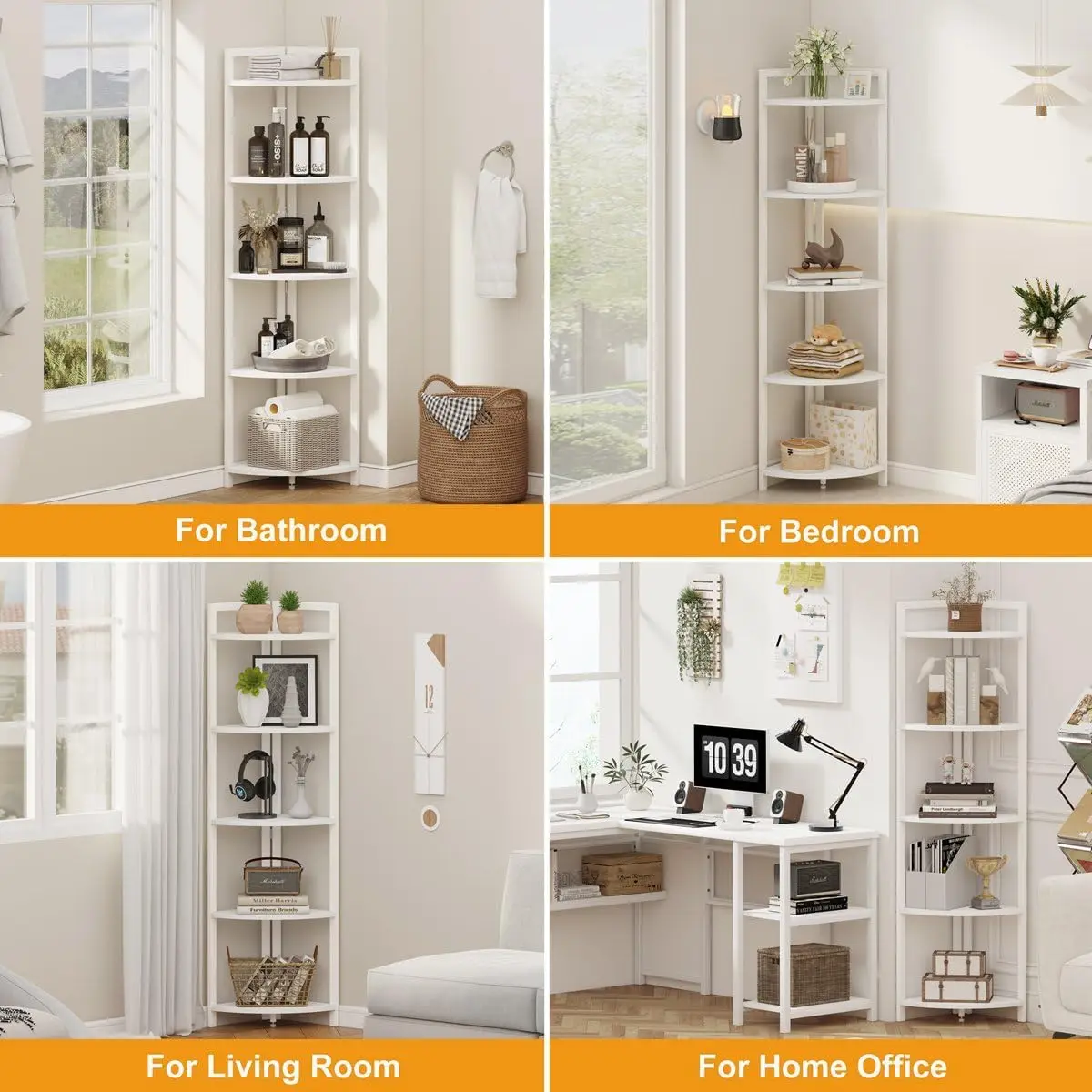 Tall Corner Shelf, 5 Tier Modern Corner Bookshelf Stand, Wood and Metal Plant Bookcase