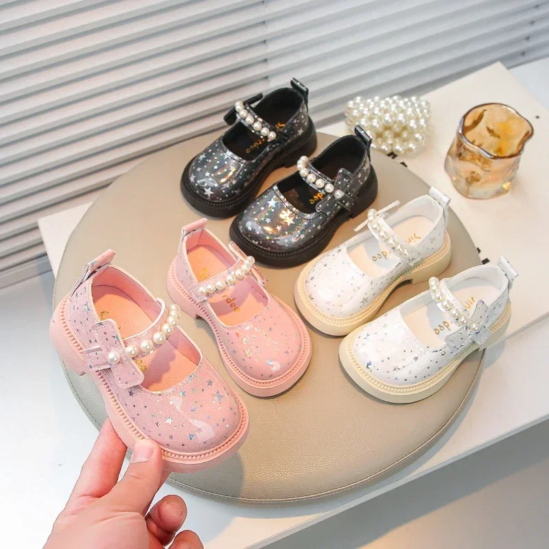 Leather Shoes for Kids Girls Bling All Over Stars Beading Rubber School Dress Shoes