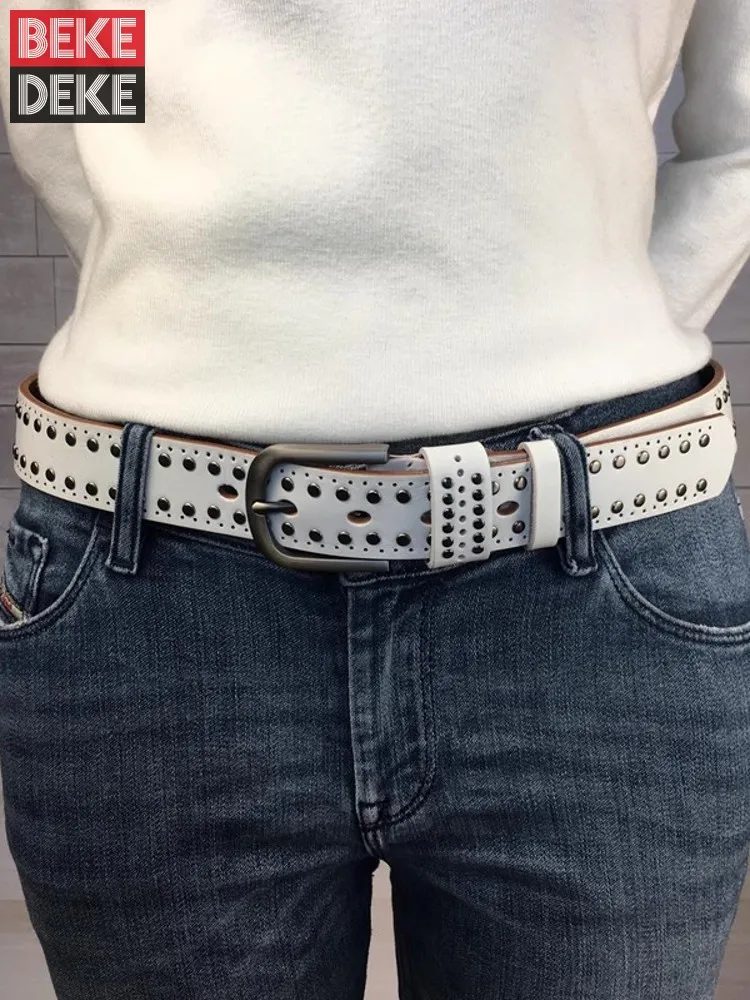

Women Rivets Studded Strap For Jeans Width 3.3cm Cowhide Genuine Leather Belt Pin Buckle Waistband Fashion Accessory Belts