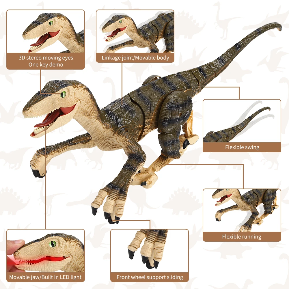 Remote Control Dinosaur Toys for Kids ,Walking Roaring Velociraptor, 2.4Ghz Electronic Realistic RC Dinosaur with 3D Eyes & Ligh