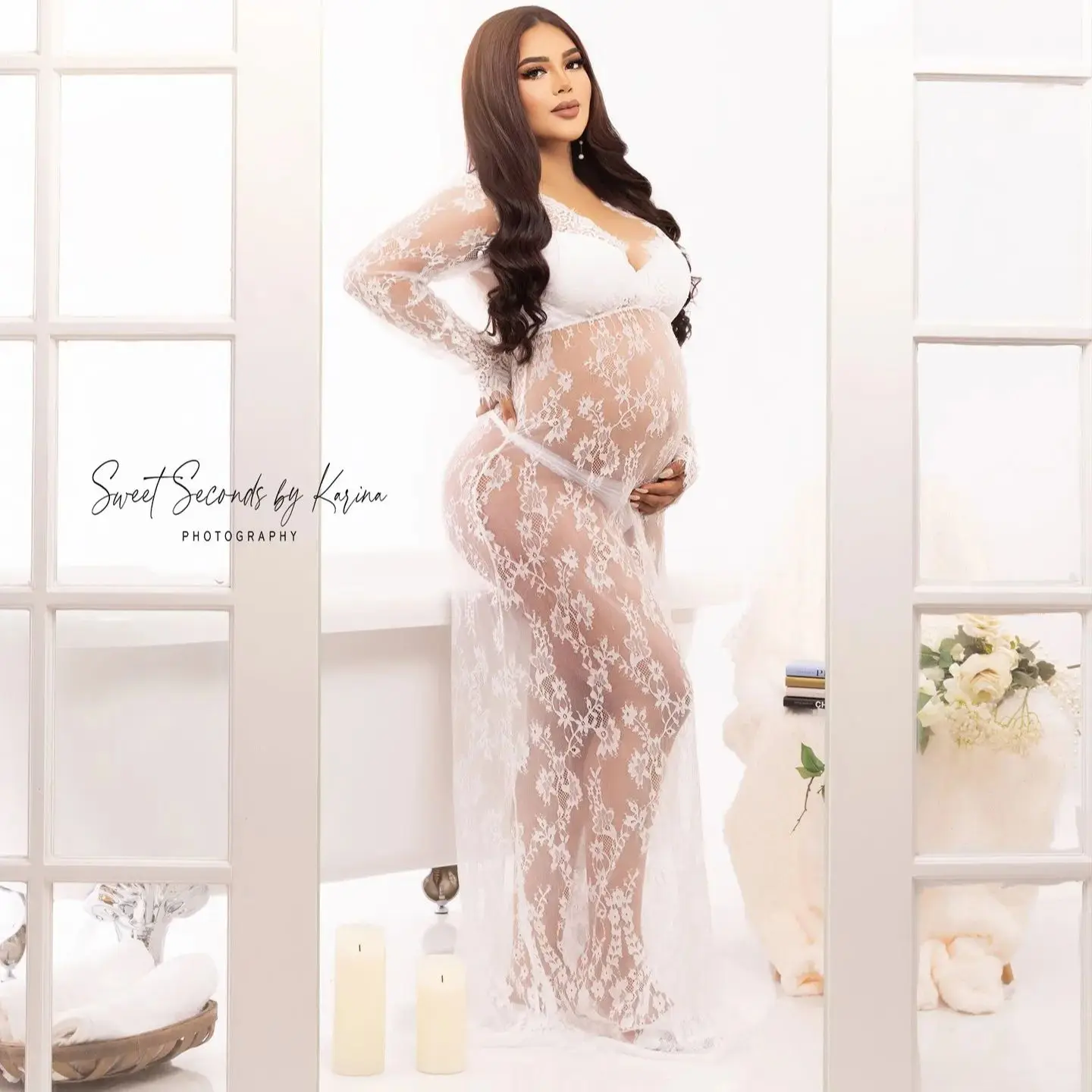 

Charming Ivory Maternity Dresses Full Lace V Neck Pregnant Women Robes Sexy See Thru Long Sleeves Photoshoot Babyshower Gowns