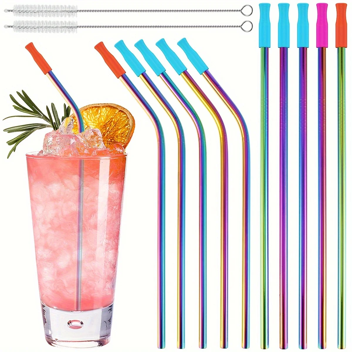 

10 Pcs Stainless Steel Straws Reusable Drinking Straws Colorful Curved Straight Straws with Cleaning Brush Storage Bag and 10 Si